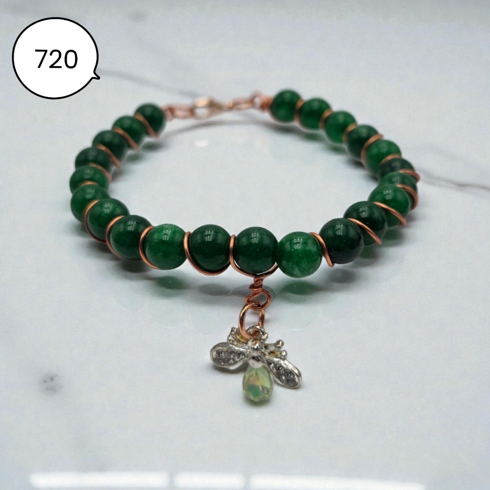 Handmade Green Jade Bracelet with Bee Charm | Copper Wire Gemstone Jewelry
